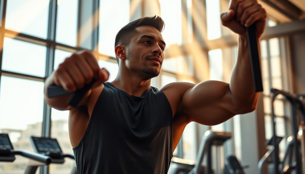 A confident athlete performing a dynamic exercise routine in a well-equipped, modern gym. Streams of light pour in through large windows, casting warm, directional shadows across the scene. The athlete's expression is focused yet serene, radiating a strong sense of self-assurance. Sleek, state-of-the-art fitness equipment surrounds them, underscoring their dedication to physical prowess. The overall atmosphere conveys a profound sense of self-efficacy - the belief in one's ability to succeed and achieve their goals through perseverance and hard work.
