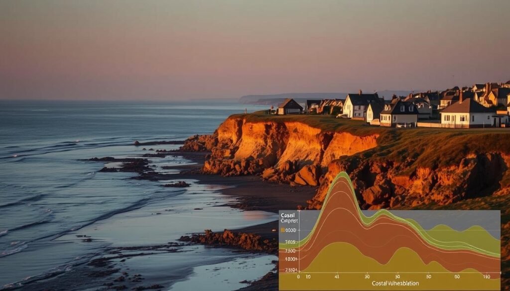 A seaside landscape at dusk, with a coastal vulnerability analysis overlaid on the scene. In the foreground, a crumbling shoreline and eroding cliffs, their fragility highlighted by a detailed data visualization. In the middle ground, a row of houses teetering on the edge, their foundations exposed by the receding tide. In the background, a hazy horizon where the sea and sky blend together, evoking a sense of impending change. The scene is illuminated by a warm, golden light, casting long shadows and creating a somber, contemplative mood. The entire composition conveys the precarious nature of the coastal environment and the need for thorough analysis and adaptation strategies.