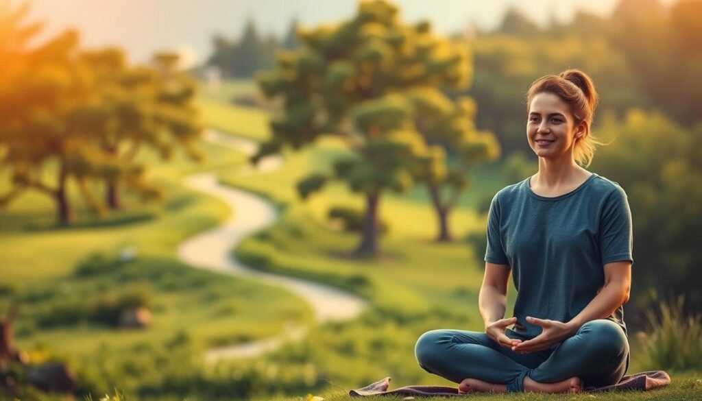 A serene and tranquil scene depicting the concept of self-efficacy in positive psychology. In the foreground, a person sits in a meditative pose, their face radiating a sense of inner calm and confidence. The middle ground features a lush, verdant landscape with swaying trees and a winding path, symbolizing the journey of personal growth. In the background, a warm, golden light bathes the scene, creating a soothing and uplifting atmosphere. The overall composition conveys a sense of self-assurance, resilience, and the power of one's own belief in their abilities to achieve their goals.