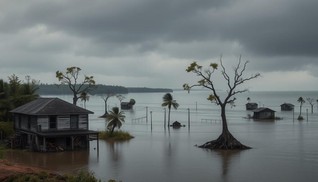 A serene coastal village nestled along a tranquil bay, suddenly engulfed by rising floodwaters. In the foreground, a dilapidated house partially submerged, its foundation crumbling as the ground gives way. Overhead, a dreary gray sky casts a somber glow, while raindrops patter gently on the stagnant pools. In the middle ground, trees and lampposts lean at precarious angles, their roots exposed, a testament to the gradual sinking of the earth. In the distance, a panoramic view of the flooded landscape, with other homes and structures gradually disappearing beneath the encroaching tide. The scene conveys a sense of environmental crisis, a delicate balance disrupted, with the consequences unfolding before our eyes.