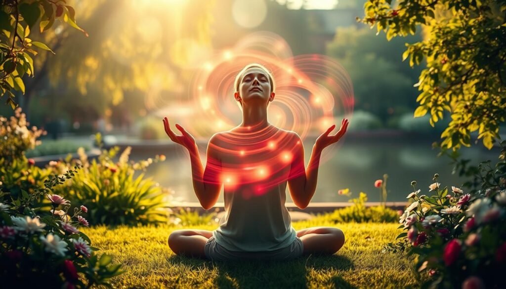A serene garden oasis, bathed in warm afternoon light. In the foreground, a person sits cross-legged, palms facing upwards, eyes closed in deep meditation. Swirling, ethereal aura energy emanates from their being, shimmering and pulsing with vibrant hues. In the middle ground, lush greenery and blooming flowers frame the meditative figure, creating a tranquil, restorative atmosphere. The background features a tranquil pond, its surface like a mirror, reflecting the calming scene. Soft, diffused lighting filters through wispy clouds, lending a sense of timelessness and inner peace to the overall composition.