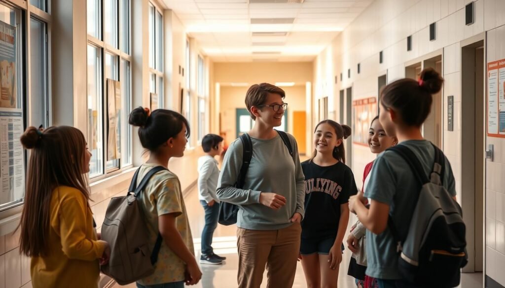 A serene school hallway, soft lighting filtering in through large windows. In the foreground, students engage in constructive dialogue, their body language conveying empathy and understanding. A teacher stands nearby, facilitating the conversation with a gentle, reassuring presence. In the middle ground, posters and informational displays highlight anti-bullying resources and peer support initiatives. The background features an open, airy space, with warm tones and a sense of openness, symbolizing the school's commitment to creating a safe, inclusive environment.