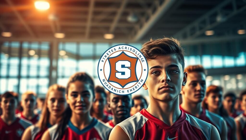 A vibrant academic scholarship program for athletes, set against a dynamic backdrop. In the foreground, a group of determined young people in sports uniforms, their faces exuding passion and focus. The middle ground features a stylized icon or emblem symbolizing the program, rendered in bold, eye-catching colors. In the background, a blurred scene of a modern university campus or training facility, conveying a sense of opportunity and excellence. Warm, directional lighting illuminates the scene, creating depth and drama. The overall impression is one of opportunity, achievement, and the pursuit of athletic and academic greatness.