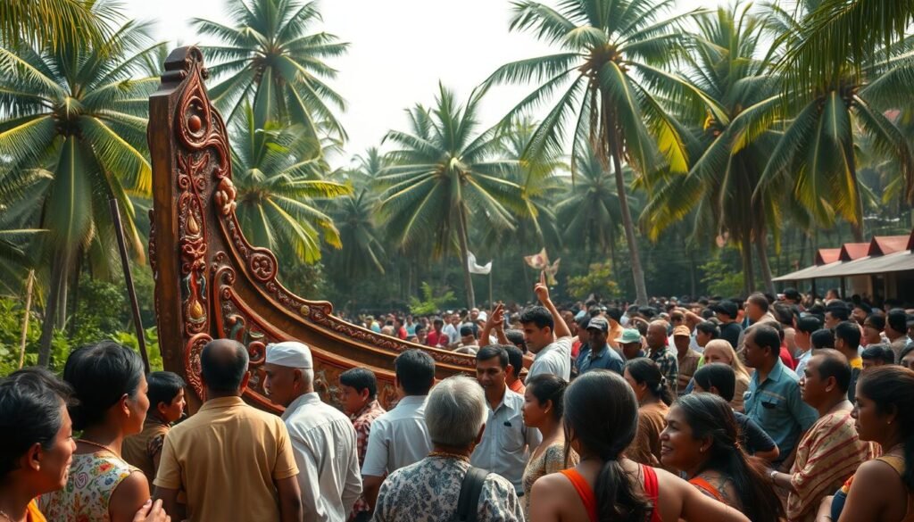 A vibrant cultural celebration unfolding, as people gather around a traditional wooden boat, the "jalur," amid a lush, verdant landscape. The boat's hull is adorned with intricate carvings and colorful patterns, reflecting the rich heritage of the local community. In the foreground, groups of people engage in lively discussions, their expressions animated as they share stories and traditions. The middle ground reveals a crowd of spectators, their faces filled with awe and wonder, as they witness the ceremonial procession. In the background, towering palm trees sway gently, casting warm, dappled light across the scene. The overall atmosphere exudes a sense of community, tradition, and the harmonious blending of social and cultural elements.