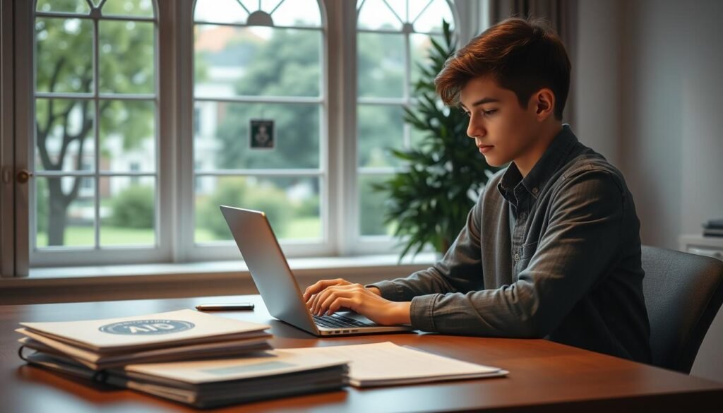 A well-lit office scene, with a young student sitting at a desk, diligently filling out an online scholarship application form on a laptop. In the middle ground, a stack of documents and a university logo-adorned folder sit neatly organized, while the background features a large, ornate window overlooking a lush, verdant campus. Soft, directional lighting casts a warm, contemplative mood, emphasizing the student's focused expression as they navigate the complex registration process. The overall composition conveys the serious, yet hopeful nature of the scholarship application journey.