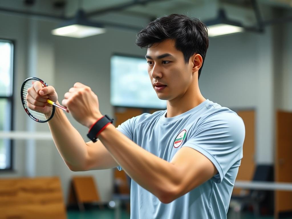 Atlet badminton melakukan latihan kekuatan otot lengan Atlet badminton melakukan latihan kekuatan otot lengan