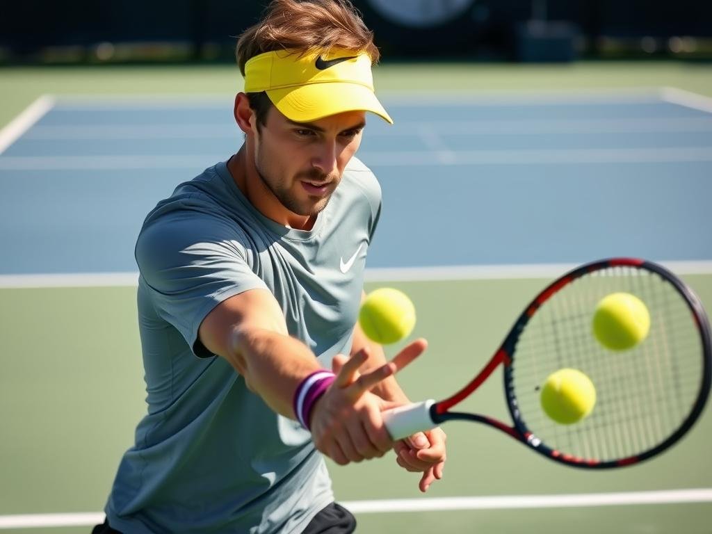 Atlet tenis melakukan latihan koordinasi mata-tangan Atlet tenis melakukan latihan koordinasi mata-tangan