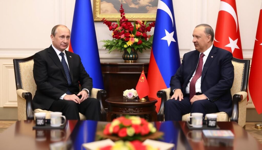 Presiden Rusia Vladimir Putin dan Presiden Turki Recep Tayyip Erdogan dalam pertemuan membahas konflik Nagorno-Karabakh Presiden Rusia Vladimir Putin dan Presiden Turki Recep Tayyip Erdogan dalam pertemuan membahas konflik Nagorno-Karabakh