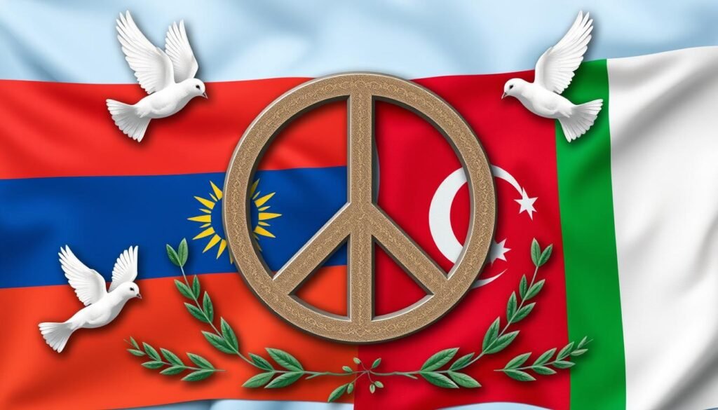 Simbol perdamaian dengan latar belakang bendera Armenia dan Azerbaijan, mewakili harapan untuk resolusi Konflik Nagorno-Karabakh dan Diplomasi Simbol perdamaian dengan latar belakang bendera Armenia dan Azerbaijan, mewakili harapan untuk resolusi Konflik Nagorno-Karabakh dan Diplomasi