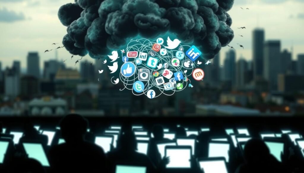 Spread of negative content on social media: a digital landscape of darkness. In the foreground, a storm cloud of hateful messages cascades across glowing smartphone screens, casting a sinister shadow. Figures hunched over their devices, consumed by the toxic flow of online vitriol. In the middle ground, a twisted tangle of social media platforms, their logos distorted and glitching, symbolizing the viral nature of harmful content. The background, a blurred cityscape, serves as a reminder that these digital echoes reverberate through the physical world. The overall scene conveys a sense of unease, isolation, and the urgent need to address the pernicious impact of social media on bullying and well-being.