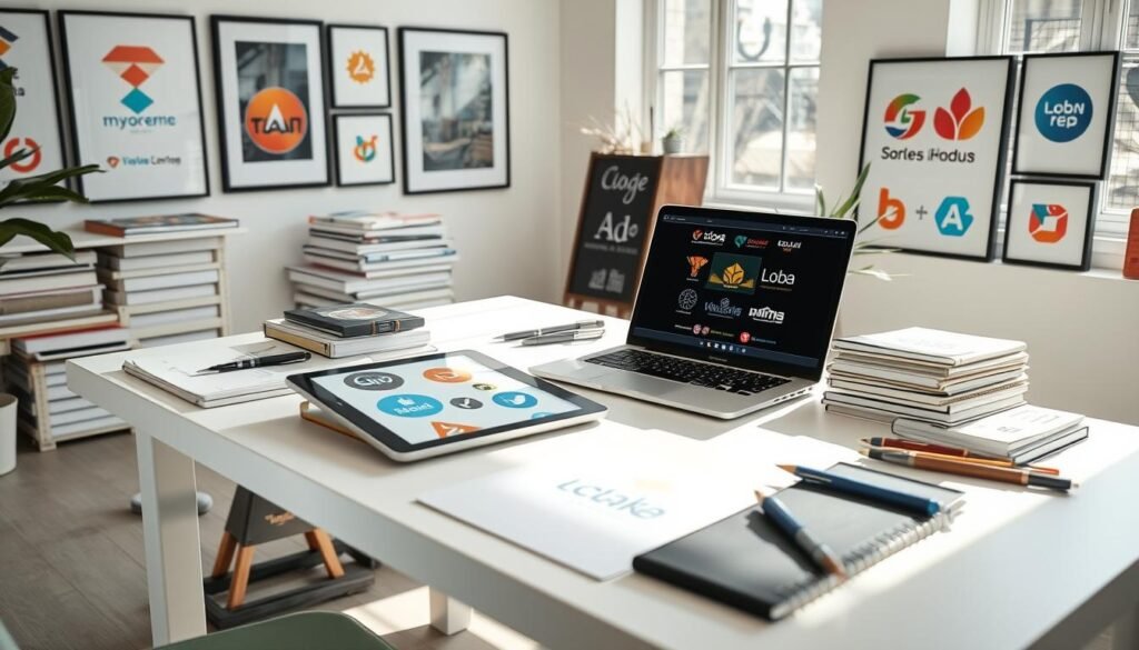A bright, airy studio space with natural light streaming in through large windows. On a clean, minimalist desk, a laptop and a stylus-enabled tablet display a variety of vibrant, modern logo designs. Beside them, stacks of well-organized sketchbooks and a selection of art supplies. The walls are adorned with framed logo samples, showcasing the designer's creative portfolio. An air of focused productivity and artistic flair permeates the scene, reflecting the act of selling design services online to earn passive income.