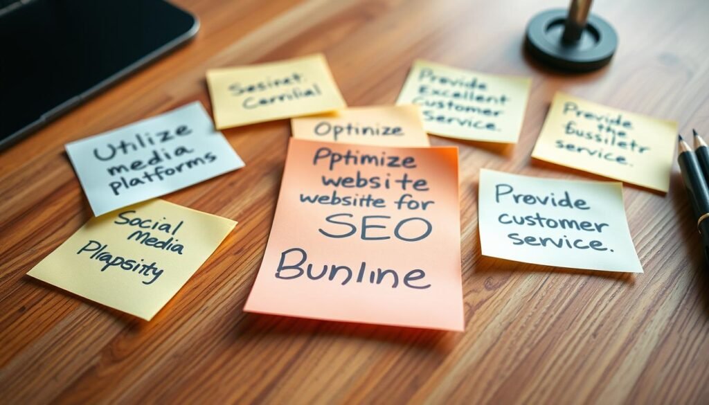 A close-up, well-lit photograph of a collection of handwritten sticky notes on a wooden desk. The notes are arranged neatly and display various business-related tips and strategies, such as "Utilize social media platforms", "Optimize website for SEO", and "Provide excellent customer service". The desk is made of a warm-toned wood, and the lighting creates a soft, inviting atmosphere. The focus is on the notes, with a slightly blurred background to draw the viewer's attention to the key elements. The image conveys a sense of organization, productivity, and the potential for online business success. A close-up, well-lit photograph of a collection of handwritten sticky notes on a wooden desk. The notes are arranged neatly and display various business-related tips and strategies, such as "Utilize social media platforms", "Optimize website for SEO", and "Provide excellent customer service". The desk is made of a warm-toned wood, and the lighting creates a soft, inviting atmosphere. The focus is on the notes, with a slightly blurred background to draw the viewer's attention to the key elements. The image conveys a sense of organization, productivity, and the potential for online business success.