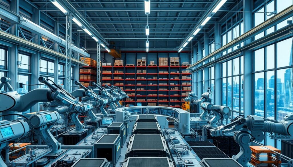 A cutting-edge smart factory in the heart of a bustling industrial district. The foreground features a network of automated robotic arms seamlessly coordinating intricate manufacturing processes, their movements fluid and precise. The middle ground showcases an array of connected sensors and control panels, glowing with real-time data visualizations. In the background, towering shelves of inventory and logistical hubs buzz with the efficiency of a well-oiled machine. Ambient blue-tinted lighting casts a futuristic glow, while wide panoramic windows offer glimpses of the city skyline beyond. This integrated, data-driven facility embodies the power of IoT technology to revolutionize modern industrial production.