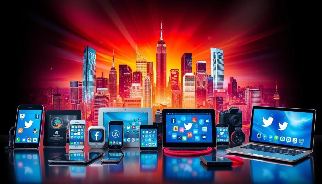A dynamic social media platform against a vibrant backdrop. Sleek smartphones, tablets, and laptops arranged in the foreground, their screens displaying various social network icons. In the middle ground, a diverse array of digital devices and accessories, symbolizing the integration of social media into our daily lives. The background features a stylized, abstract cityscape with skyscrapers, neon lights, and a sense of urban energy. The lighting is a blend of warm and cool tones, creating a visually striking and technologically advanced atmosphere. The overall composition conveys the omnipresence of social media in the modern digital landscape.