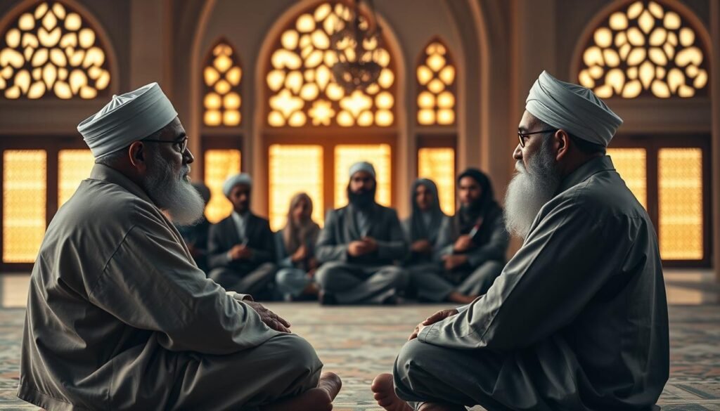 A serene, contemplative scene of Islamic scholars deeply engaged in thoughtful discussion about the spiritual practice of dhikr (remembrance of Allah). In the foreground, two elderly ulama sit cross-legged, gazing intently at each other, their robes and turbans casting soft shadows. In the middle ground, a group of students listens raptly, pens poised to capture the wisdom being shared. The background is a tranquil mosque interior, with ornate arched windows filtering warm, golden light. An atmosphere of reverence and intellectual discourse pervades the scene, inviting the viewer to ponder the critics' and adherents' varied perspectives on the profound act of dhikr. A serene, contemplative scene of Islamic scholars deeply engaged in thoughtful discussion about the spiritual practice of dhikr (remembrance of Allah). In the foreground, two elderly ulama sit cross-legged, gazing intently at each other, their robes and turbans casting soft shadows. In the middle ground, a group of students listens raptly, pens poised to capture the wisdom being shared. The background is a tranquil mosque interior, with ornate arched windows filtering warm, golden light. An atmosphere of reverence and intellectual discourse pervades the scene, inviting the viewer to ponder the critics' and adherents' varied perspectives on the profound act of dhikr.