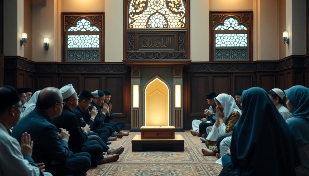 A serene gathering of a Komunitas Dzikir Bersama, a community of believers united in collective remembrance of the divine. The foreground depicts a group of men and women seated in a circle, their faces tranquil and focused as they chant the name of Allah, their hands clasped in reverence. In the middle ground, a simple yet elegant mihrab, the prayer niche, serves as the centerpiece, illuminated by soft, warm lighting that casts a gentle glow over the scene. The background showcases a traditional Indonesian architectural style, with intricate wooden carvings and ornate windows, creating a sense of timeless spirituality. The overall atmosphere is one of profound stillness and devotion, as the community engages in the sacred practice of collective dhikr, a testament to the power of communal worship and the pursuit of inner peace. A serene gathering of a Komunitas Dzikir Bersama, a community of believers united in collective remembrance of the divine. The foreground depicts a group of men and women seated in a circle, their faces tranquil and focused as they chant the name of Allah, their hands clasped in reverence. In the middle ground, a simple yet elegant mihrab, the prayer niche, serves as the centerpiece, illuminated by soft, warm lighting that casts a gentle glow over the scene. The background showcases a traditional Indonesian architectural style, with intricate wooden carvings and ornate windows, creating a sense of timeless spirituality. The overall atmosphere is one of profound stillness and devotion, as the community engages in the sacred practice of collective dhikr, a testament to the power of communal worship and the pursuit of inner peace.