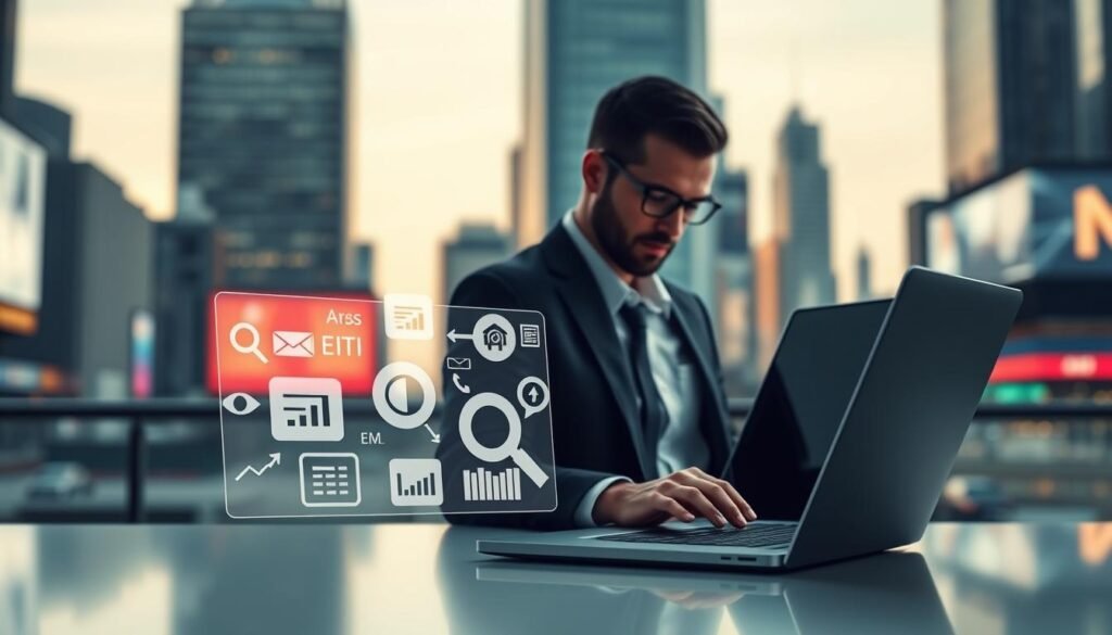 A sleek, modern digital marketing strategy composition with a clean, minimalist aesthetic. In the foreground, a stylized laptop display showcases various online marketing icons and graphics, hinting at the power of digital tools. The middle ground features a sophisticated businessman gazing thoughtfully at the screen, symbolizing the strategic planning involved. In the background, a blurred cityscape with skyscrapers and digital signage creates an urban, tech-savvy atmosphere. Soft, directional lighting casts dramatic shadows, conveying a sense of focus and intentionality. The overall mood is one of professionalism, innovation, and the transformative potential of online marketing. A sleek, modern digital marketing strategy composition with a clean, minimalist aesthetic. In the foreground, a stylized laptop display showcases various online marketing icons and graphics, hinting at the power of digital tools. The middle ground features a sophisticated businessman gazing thoughtfully at the screen, symbolizing the strategic planning involved. In the background, a blurred cityscape with skyscrapers and digital signage creates an urban, tech-savvy atmosphere. Soft, directional lighting casts dramatic shadows, conveying a sense of focus and intentionality. The overall mood is one of professionalism, innovation, and the transformative potential of online marketing.