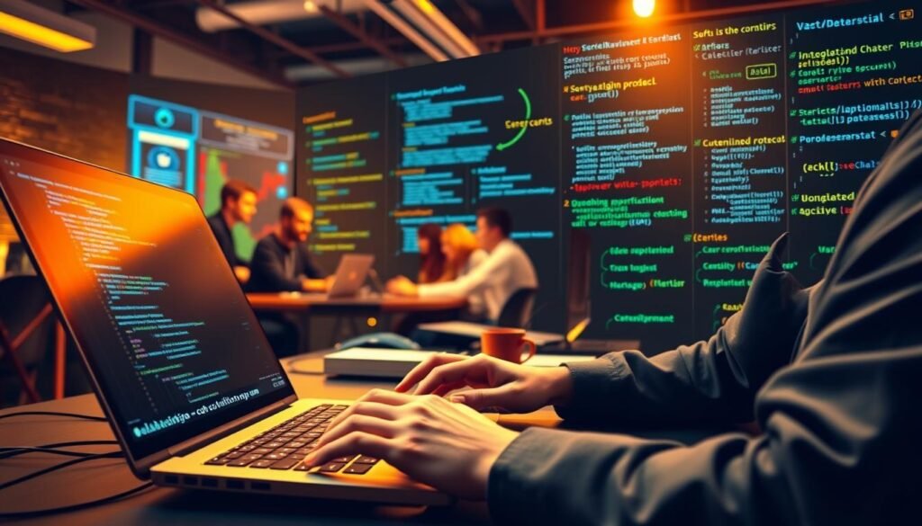 A vibrant and dynamic software engineering scene, showcasing the core skills needed in the digital workplace. In the foreground, a developer intently typing code on a sleek laptop, their fingers dancing across the keyboard. In the middle ground, a team collaborating on a project, discussing algorithms and design patterns. In the background, an array of coding languages and software development tools, each representing a vital aspect of the field - from security protocols to database management. The scene is illuminated by warm, directional lighting, casting dramatic shadows and highlighting the precision and focus required in this ever-evolving domain. The mood is one of technical expertise, innovation, and the collective effort that drives the digital landscape.