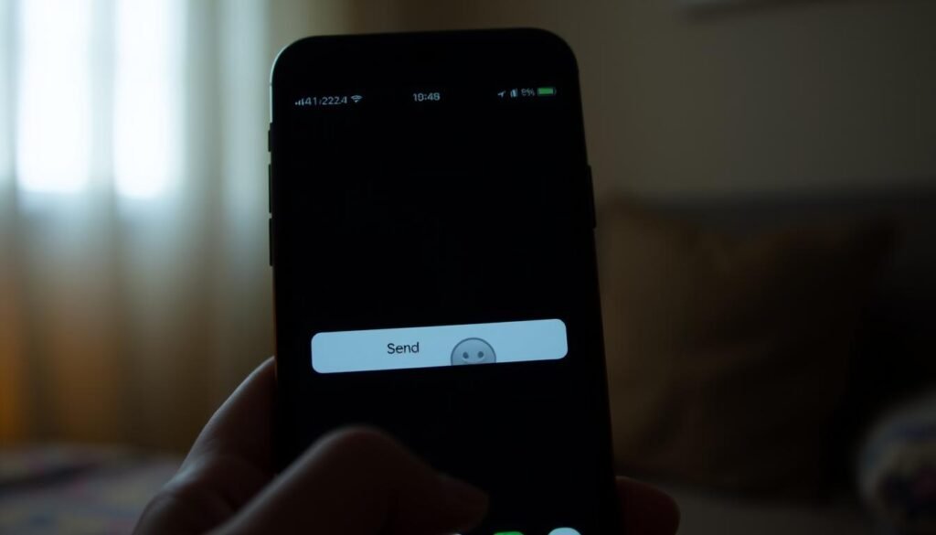 A dimly lit smartphone screen displays a WhatsApp chat window, the user's finger hovering over the "Send" button. The foreground features the phone's interface, with clean icons and a minimalist design. The middle ground shows the user's hand, holding the device with a subtle sense of uncertainty. The background is a softly blurred backdrop, suggesting a cozy, domestic setting. The overall mood is one of caution and hesitation, as the user contemplates sending a message to an unsaved contact. Warm, ambient lighting casts a gentle glow, emphasizing the delicate nature of the moment. The camera angle is slightly angled, creating a sense of intimacy and introspection. A dimly lit smartphone screen displays a WhatsApp chat window, the user's finger hovering over the "Send" button. The foreground features the phone's interface, with clean icons and a minimalist design. The middle ground shows the user's hand, holding the device with a subtle sense of uncertainty. The background is a softly blurred backdrop, suggesting a cozy, domestic setting. The overall mood is one of caution and hesitation, as the user contemplates sending a message to an unsaved contact. Warm, ambient lighting casts a gentle glow, emphasizing the delicate nature of the moment. The camera angle is slightly angled, creating a sense of intimacy and introspection.