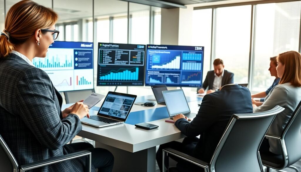 A professional business meeting scene showcasing a diverse group of executives from Microsoft and IBM, seated around a sleek conference table with high-tech laptops and digital devices. The foreground features a close-up of a well-dressed female executive presenting a chart, conveying confidence and expertise. In the middle, male and female colleagues are engaged in discussion, analyzing data on large digital screens displaying innovative graphs and regulatory frameworks. The background includes modern office decor with large windows letting in natural light, emphasizing a collaborative atmosphere. The overall mood is dynamic and focused, reflecting the balance of innovation and security. Use soft, natural lighting to create a professional ambiance. A professional business meeting scene showcasing a diverse group of executives from Microsoft and IBM, seated around a sleek conference table with high-tech laptops and digital devices. The foreground features a close-up of a well-dressed female executive presenting a chart, conveying confidence and expertise. In the middle, male and female colleagues are engaged in discussion, analyzing data on large digital screens displaying innovative graphs and regulatory frameworks. The background includes modern office decor with large windows letting in natural light, emphasizing a collaborative atmosphere. The overall mood is dynamic and focused, reflecting the balance of innovation and security. Use soft, natural lighting to create a professional ambiance.