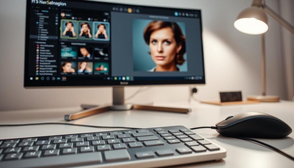 A professional photographer's workstation with a high-resolution monitor displaying an image editing software interface. The foreground showcases a sleek, modern keyboard and a precise, ergonomic mouse, ready for meticulous manual adjustments. In the middle ground, the monitor displays a well-composed portrait photograph, with the subject's face and details visible, inviting the editor to fine-tune the image with care. The background features a clean, minimalist desk setup with a task lamp providing soft, directional lighting, creating an atmosphere of focused, artistic editing. The overall scene conveys a sense of thoughtful, considered image enhancement, where the editor's expertise and attention to detail are paramount. A professional photographer's workstation with a high-resolution monitor displaying an image editing software interface. The foreground showcases a sleek, modern keyboard and a precise, ergonomic mouse, ready for meticulous manual adjustments. In the middle ground, the monitor displays a well-composed portrait photograph, with the subject's face and details visible, inviting the editor to fine-tune the image with care. The background features a clean, minimalist desk setup with a task lamp providing soft, directional lighting, creating an atmosphere of focused, artistic editing. The overall scene conveys a sense of thoughtful, considered image enhancement, where the editor's expertise and attention to detail are paramount.