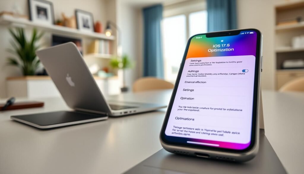 A sleek, modern workspace featuring the latest iPhone displaying the iOS 17.5 interface on the screen. In the foreground, a close-up of the iPhone with vibrant colors, highlighting the settings menu with optimization features for enhanced performance. In the middle, an elegant desk with a minimalist design, including a laptop and accessories that showcase productivity. The background shows soft, blurred images of an organized home office with natural light streaming through a window, creating a warm and inviting atmosphere. The lighting is bright yet soft, emphasizing a professional mood. The scene should feel fresh, modern, and focused on technology, reflecting the essence of optimization in iOS 17.5. A sleek, modern workspace featuring the latest iPhone displaying the iOS 17.5 interface on the screen. In the foreground, a close-up of the iPhone with vibrant colors, highlighting the settings menu with optimization features for enhanced performance. In the middle, an elegant desk with a minimalist design, including a laptop and accessories that showcase productivity. The background shows soft, blurred images of an organized home office with natural light streaming through a window, creating a warm and inviting atmosphere. The lighting is bright yet soft, emphasizing a professional mood. The scene should feel fresh, modern, and focused on technology, reflecting the essence of optimization in iOS 17.5.