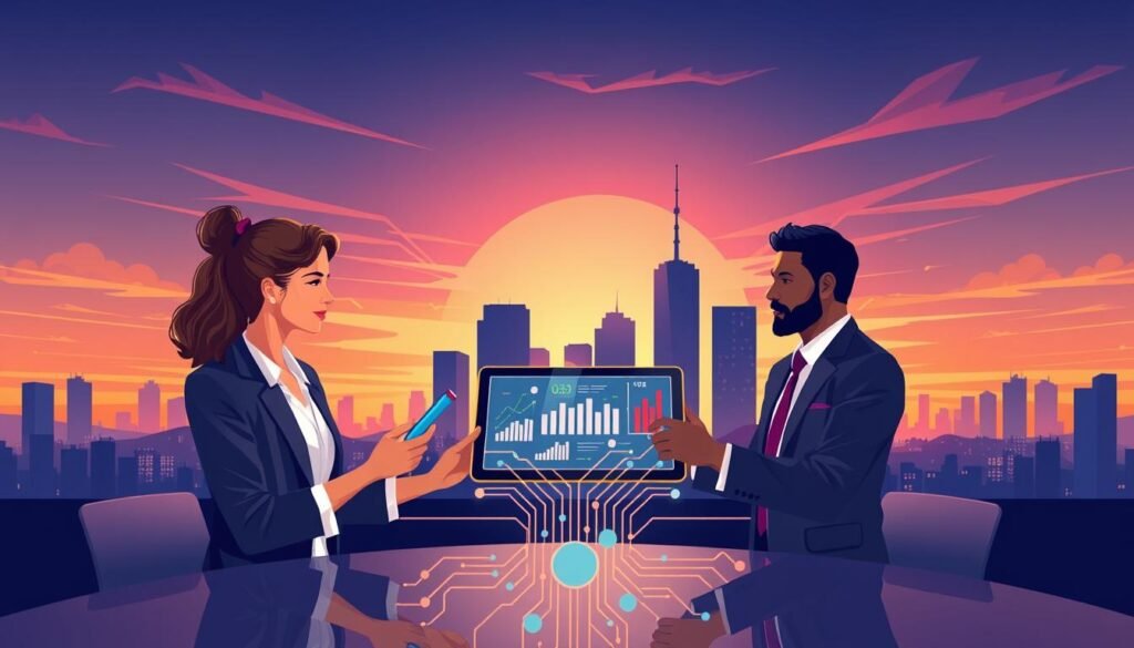 A visually engaging illustration representing the theme of technology mergers and acquisitions. In the foreground, depict a professional business meeting with two diverse individuals in business attire, discussing a digital tablet displaying data charts and graphs related to tech acquisitions. The middle ground should feature an abstract representation of interconnected technology elements, like circuit boards and data streams, symbolizing innovation and collaboration. In the background, silhouette skyscrapers suggest a bustling tech industry landscape, under a vibrant sunset that casts warm lighting across the scene. The mood should be dynamic and optimistic, highlighting the balance between innovation and regulation in the tech sector. Ensure the composition is harmonious, with a focus on professionalism and collaboration. A visually engaging illustration representing the theme of technology mergers and acquisitions. In the foreground, depict a professional business meeting with two diverse individuals in business attire, discussing a digital tablet displaying data charts and graphs related to tech acquisitions. The middle ground should feature an abstract representation of interconnected technology elements, like circuit boards and data streams, symbolizing innovation and collaboration. In the background, silhouette skyscrapers suggest a bustling tech industry landscape, under a vibrant sunset that casts warm lighting across the scene. The mood should be dynamic and optimistic, highlighting the balance between innovation and regulation in the tech sector. Ensure the composition is harmonious, with a focus on professionalism and collaboration.