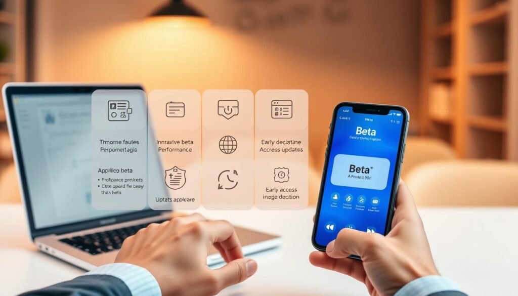 An abstract representation of the benefits of the Apple beta program for iOS, showcasing a modern desktop setup featuring a sleek MacBook and an iPhone displaying the beta interface. In the foreground, a pair of hands, dressed in professional attire, are engaging with the devices, symbolizing user interaction. The middle layer features icons and infographics highlighting key advantages of using beta software, such as innovative features, enhanced performance, and early access to updates, all presented in a clean, minimalist design. The background is a softly blurred office space, with warm lighting creating an inviting atmosphere, suggesting productivity and creativity. The angle should be slightly elevated, giving a sense of discovery and exploration. An abstract representation of the benefits of the Apple beta program for iOS, showcasing a modern desktop setup featuring a sleek MacBook and an iPhone displaying the beta interface. In the foreground, a pair of hands, dressed in professional attire, are engaging with the devices, symbolizing user interaction. The middle layer features icons and infographics highlighting key advantages of using beta software, such as innovative features, enhanced performance, and early access to updates, all presented in a clean, minimalist design. The background is a softly blurred office space, with warm lighting creating an inviting atmosphere, suggesting productivity and creativity. The angle should be slightly elevated, giving a sense of discovery and exploration.