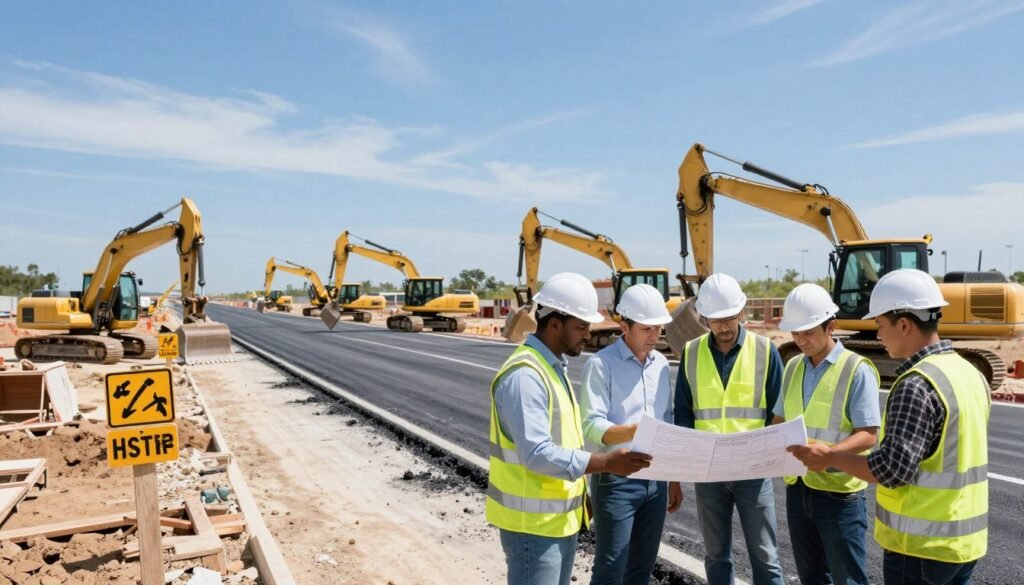 A busy construction site featuring the ongoing development of a road, with workers in professional attire operating heavy machinery, such as excavators and bulldozers. In the foreground, a diverse group of engineers and project managers, focused and discussing plans with blueprints in hand. In the middle, the road under construction with freshly poured asphalt and construction signs indicating project details. The background showcases a clear blue sky with a few wispy clouds, emphasizing a bright and productive day. The lighting is natural and vibrant, highlighting the activity on-site. Use a slightly elevated angle to capture the scope of the project, creating a sense of progress and determination. The overall atmosphere is one of professionalism and industriousness, reflecting the commitment to infrastructure development despite challenges. A busy construction site featuring the ongoing development of a road, with workers in professional attire operating heavy machinery, such as excavators and bulldozers. In the foreground, a diverse group of engineers and project managers, focused and discussing plans with blueprints in hand. In the middle, the road under construction with freshly poured asphalt and construction signs indicating project details. The background showcases a clear blue sky with a few wispy clouds, emphasizing a bright and productive day. The lighting is natural and vibrant, highlighting the activity on-site. Use a slightly elevated angle to capture the scope of the project, creating a sense of progress and determination. The overall atmosphere is one of professionalism and industriousness, reflecting the commitment to infrastructure development despite challenges.