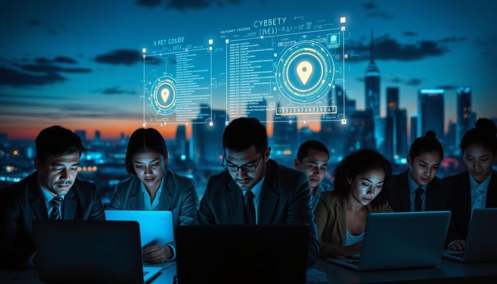 A conceptual representation of "Cyber Weapon Democratization." In the foreground, depict a diverse group of individuals—men and women of various ethnicities—working together on laptops, their faces illuminated by the glow of computer screens. They should be dressed in professional business attire, showcasing collaboration and unity. In the middle ground, visualize floating holographic displays of code and cybersecurity elements, symbolizing digital empowerment and the dissemination of knowledge. The background should feature a city skyline at dusk, with tech-inspired architecture reflecting a modern, interconnected society. Use dramatic lighting with cool blue tones to create a futuristic and serious atmosphere, emphasizing the duality of technology as both a tool for empowerment and potential weaponry. A conceptual representation of "Cyber Weapon Democratization." In the foreground, depict a diverse group of individuals—men and women of various ethnicities—working together on laptops, their faces illuminated by the glow of computer screens. They should be dressed in professional business attire, showcasing collaboration and unity. In the middle ground, visualize floating holographic displays of code and cybersecurity elements, symbolizing digital empowerment and the dissemination of knowledge. The background should feature a city skyline at dusk, with tech-inspired architecture reflecting a modern, interconnected society. Use dramatic lighting with cool blue tones to create a futuristic and serious atmosphere, emphasizing the duality of technology as both a tool for empowerment and potential weaponry.