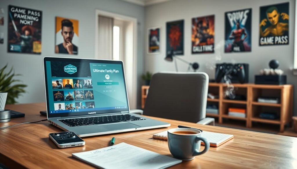 A cozy yet modern workspace setup focused on preparing for the activation process of a gaming subscription service. In the foreground, a neatly organized desk features a laptop displaying a Game Pass Ultimate Family Plan interface, with colorful game icons visible on the screen. Next to the laptop, a notepad filled with notes and a smartphone displaying reminders to activate the plan are scattered. In the middle ground, a comfortable chair faces the desk, and a cup of coffee steams gently nearby. The background shows a well-lit room with gaming posters on the walls and a gaming console on a shelf. The atmosphere is energetic yet relaxed, with natural light streaming through a window, creating a welcoming, inviting vibe.