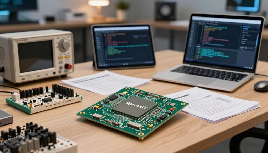 A detailed representation of a RISC-V processor development environment specifically designed for developers. In the foreground, showcase a close-up of the compact SpacemiT processor, displaying its intricate circuitry and sleek design. Include tools like oscilloscopes, breadboards, and a laptop set up for coding, emphasizing the practicality for software development. The middle ground features a well-organized desk with a modern aesthetic, adorned with technical documentation and a digital tablet displaying coding software. The background hints at a tech workshop ambiance with soft, focused overhead lighting, creating a productive atmosphere. Use a slightly angled perspective to emphasize the depth of the workspace while ensuring a warm and inviting mood conducive to innovation and creativity.