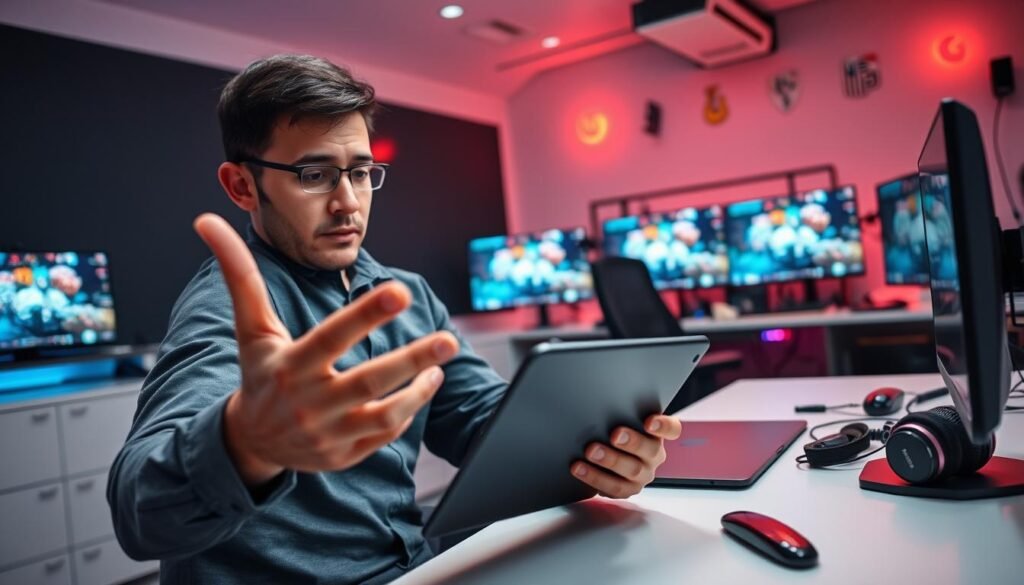 A modern workspace featuring a skilled gamer/streamer multitasking using an iPad. In the foreground, a focused individual in professional casual attire gestures with their hands, demonstrating various multitasking gestures typical for iPad navigation. Their expression is concentrated, with a look of determination as they engage with both a gaming console and a Discord chat interface on the iPad. The middle layer includes a sleek desk adorned with gaming accessories like a headset and a microphone, while the background reveals an engaging gaming setup with vibrant LED lights and multiple screens displaying gameplay. Soft, dynamic lighting creates a lively, focused atmosphere, emphasizing the multitasking theme. The scene is captured from a slight angle, showcasing both the individual and their high-tech environment. A modern workspace featuring a skilled gamer/streamer multitasking using an iPad. In the foreground, a focused individual in professional casual attire gestures with their hands, demonstrating various multitasking gestures typical for iPad navigation. Their expression is concentrated, with a look of determination as they engage with both a gaming console and a Discord chat interface on the iPad. The middle layer includes a sleek desk adorned with gaming accessories like a headset and a microphone, while the background reveals an engaging gaming setup with vibrant LED lights and multiple screens displaying gameplay. Soft, dynamic lighting creates a lively, focused atmosphere, emphasizing the multitasking theme. The scene is captured from a slight angle, showcasing both the individual and their high-tech environment.