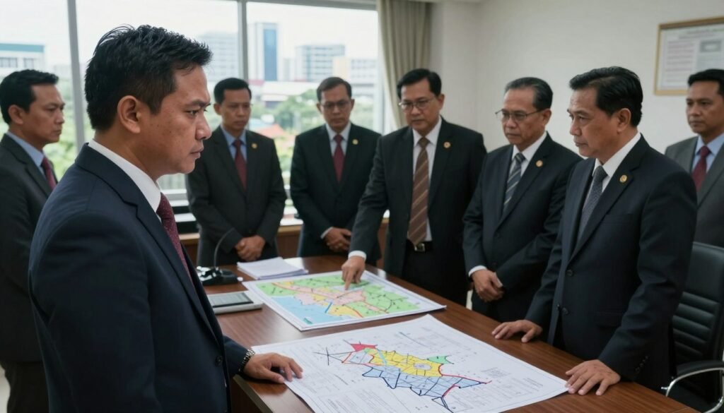 A scene depicting a dramatic moment of a corruption investigation in a government office. In the foreground, a professional businessman in formal attire, looking concerned, stands beside a table covered with project documents and blueprints, symbolizing ongoing infrastructure projects. In the middle ground, a group of officials in business suits engages in a serious discussion, some pointing at maps and charts related to various regions, hinting at corruption issues. In the background, window views show urban landscapes of East Nusa Tenggara, Riau, and East Java, conveying a sense of urgency and complexity in governance. Soft, natural light streams in through the windows, creating a tense and contemplative atmosphere, with a shallow depth of field focused on the foreground, highlighting the urgency of the situation. A scene depicting a dramatic moment of a corruption investigation in a government office. In the foreground, a professional businessman in formal attire, looking concerned, stands beside a table covered with project documents and blueprints, symbolizing ongoing infrastructure projects. In the middle ground, a group of officials in business suits engages in a serious discussion, some pointing at maps and charts related to various regions, hinting at corruption issues. In the background, window views show urban landscapes of East Nusa Tenggara, Riau, and East Java, conveying a sense of urgency and complexity in governance. Soft, natural light streams in through the windows, creating a tense and contemplative atmosphere, with a shallow depth of field focused on the foreground, highlighting the urgency of the situation.