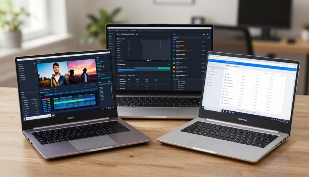 A split-screen comparison of two laptops, the MUSE Book and DC-ROMA II, positioned prominently in the foreground. The MUSE Book features a sleek, modern design with a dark metallic finish and a vibrant display showing 4K video editing software. The DC-ROMA II, contrastingly, has a more traditional appearance, with a lighter color scheme showcasing its specifications. In the middle ground, detailed specifications are highlighted in a visually appealing layout, emphasizing performance metrics. The background is softly blurred, depicting a contemporary workspace with natural lighting filtering in, creating a productive atmosphere. The image is shot from a slight overhead angle with a shallow depth of field, adding focus to the laptops while keeping the background contextually relevant. The overall mood conveys professionalism and innovation.