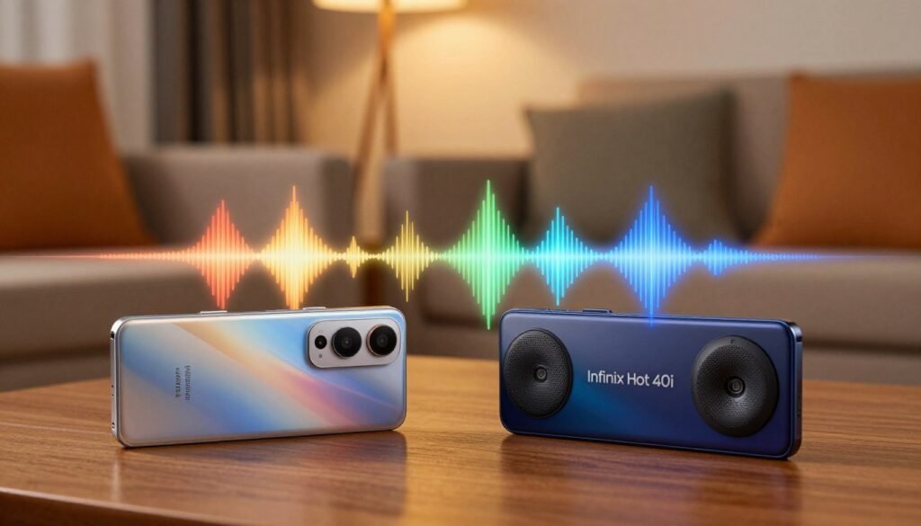 A detailed visual comparison of two smartphones, the Infinix Hot 40i and Realme C67, showcasing their audio quality and speaker capabilities. In the foreground, display the two phones on a wooden table, each angled slightly toward the viewer, with visible speaker grilles. The middle ground features sound waves emanating from each speaker, illustrated with vibrant colors to symbolize audio quality. The background consists of a cozy living room setting, softly illuminated by warm ambient lighting to create a relaxed atmosphere. Use a shallow depth of field to focus on the phones while blurring the surrounding details. The overall mood is engaging and informative, emphasizing technology in everyday life, with a professional touch.