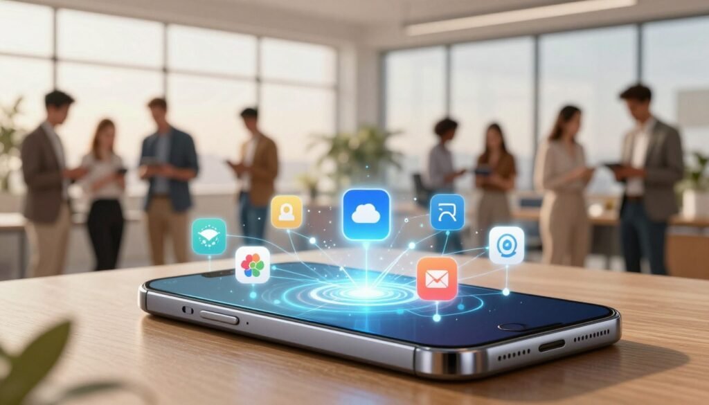 A futuristic visualization of a smartphone ecosystem, showcasing a sleek, modern smartphone in the foreground, with a glowing digital network of app icons and interconnected devices representing its ecosystem. In the middle ground, depict various user demographics engaging with the technology, dressed in professional attire, emphasizing diversity. The background should feature a serene office environment with large windows and soft, natural lighting, creating a sense of innovation and productivity. Use a wide-angle lens effect to capture depth and detail, with a warm color palette to evoke a positive and forward-thinking atmosphere. The composition should emphasize the interplay between performance, system capabilities, and user engagement in a harmonious digital landscape. A futuristic visualization of a smartphone ecosystem, showcasing a sleek, modern smartphone in the foreground, with a glowing digital network of app icons and interconnected devices representing its ecosystem. In the middle ground, depict various user demographics engaging with the technology, dressed in professional attire, emphasizing diversity. The background should feature a serene office environment with large windows and soft, natural lighting, creating a sense of innovation and productivity. Use a wide-angle lens effect to capture depth and detail, with a warm color palette to evoke a positive and forward-thinking atmosphere. The composition should emphasize the interplay between performance, system capabilities, and user engagement in a harmonious digital landscape.