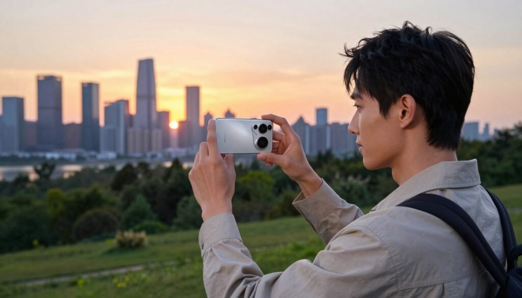 A modern, stylish individual using a Huawei Pura 80 Ultra smartphone outdoors, showcasing the device's camera features. The user, dressed in smart casual attire, is focused on capturing a scenic view of a vibrant city skyline during golden hour, with warm, soft lighting that highlights their engaged expression. In the foreground, the user holds the smartphone at eye level, pointing it towards a colorful sunset. The background features a mix of sleek buildings and lush greenery, creating an urban yet serene atmosphere. The scene conveys a sense of connection to technology and nature, portraying the ideal user profile for the Huawei Pura 80 Ultra. A modern, stylish individual using a Huawei Pura 80 Ultra smartphone outdoors, showcasing the device's camera features. The user, dressed in smart casual attire, is focused on capturing a scenic view of a vibrant city skyline during golden hour, with warm, soft lighting that highlights their engaged expression. In the foreground, the user holds the smartphone at eye level, pointing it towards a colorful sunset. The background features a mix of sleek buildings and lush greenery, creating an urban yet serene atmosphere. The scene conveys a sense of connection to technology and nature, portraying the ideal user profile for the Huawei Pura 80 Ultra.